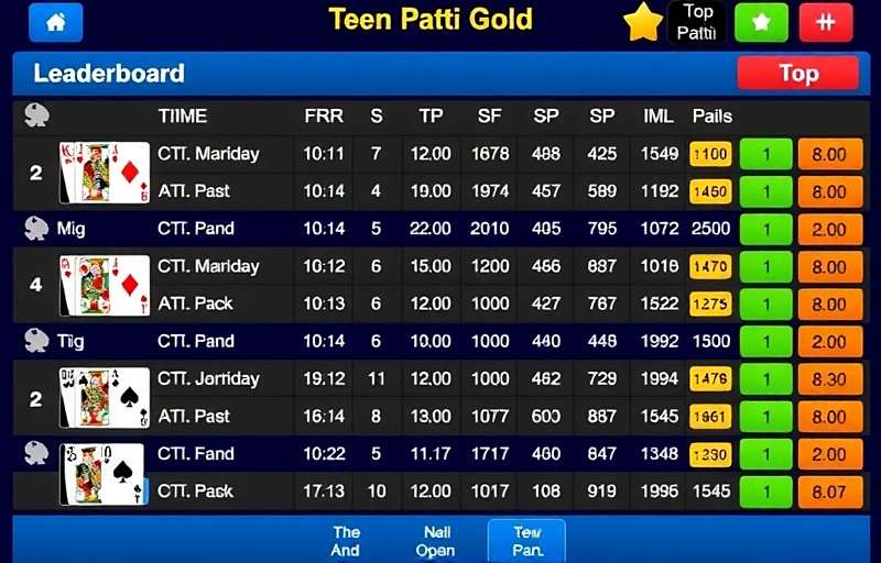 Teen Patti Gold - Indian Poker tournament leaderboard showing top players and prizes